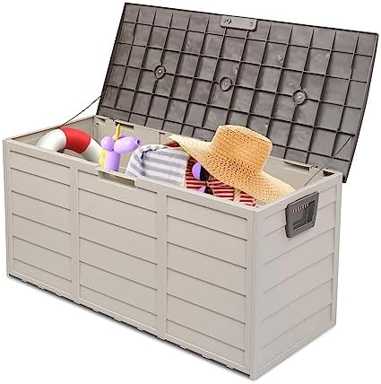 75-Gallon Medium Deck Box - Lightweight Resin Indoor/Outdoor Storage Container and Seat for Patio Cushions and Gardening Tools - Store Items on Garage, Yard,Brown - Image 4