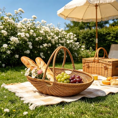 RT&BS Wicker Egg-collecting Basket with Handles, Wicker Bread Basket Oval, Handwoven Fruit Basket with Handles, Reusable Storage Baskets for Living Room, Kitchen, Store, Restaurant, Outdoor (Brown, S) - Image 6