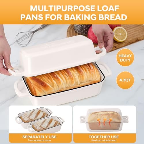 Cast Iron Loaf Pan with Lid 10x5 Inch Enameled Bread Loaf Pan for Sourdough, 2 Piece Set, Cream - Image 3