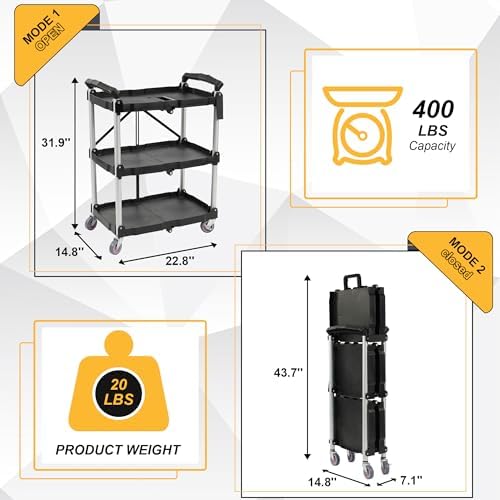 ELEVON Portable Folding Collapsible Service Cart Foldable Service Cart 3 Tier Collapsible Push Cart Folding Utility Carts with Wheels for Office Warehouse Home, Black - Image 2