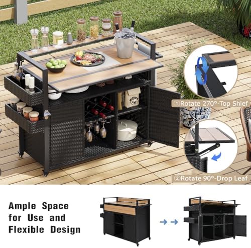 52.8" Wicker Outdoor Grill Cart with Extended Top & Storage - Image 4
