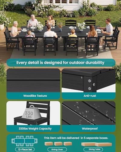 SERWALL HDPE Outdoor Dining Furniture, Outdoor Dining Set for 10, Black - Image 3