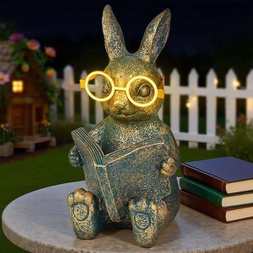 Reading Rabbit Garden Decor with Solar-Powered Glasses Light by zuzuzen
