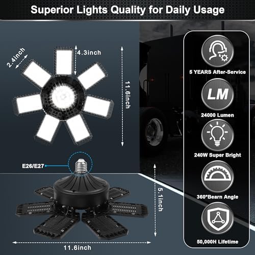 AUDLES 2 Pack LED Garage Light, 240W 24000LM 6500K LED Shop Lights, Garage Lights Ceiling Led with 7+1 Deformable Panels, E26/E27 Bulb Socket Lighting for Shop, High Bay, Attic, Basement, Warehouse - Image 4