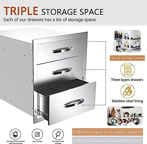 Stainless Steel Outdoor Kitchen Drawers - 3-Drawer BBQ Drawer, Built-in, Flush Mount - 14Wx23Dx21H - Image 4