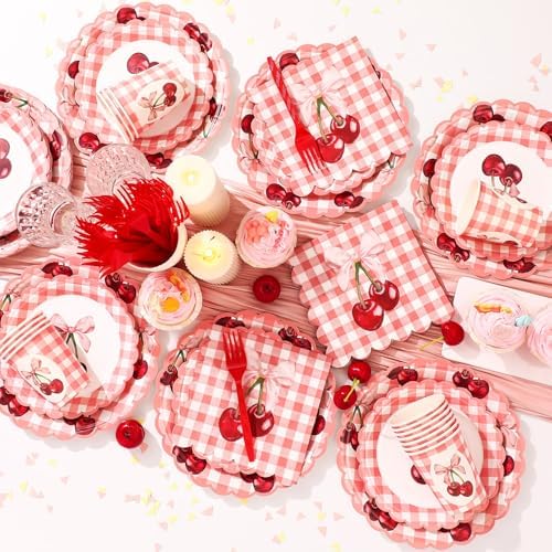 Havawish 120 Pcs Bow Cherry Party Tableware Bow Cherry Plates - Image 2