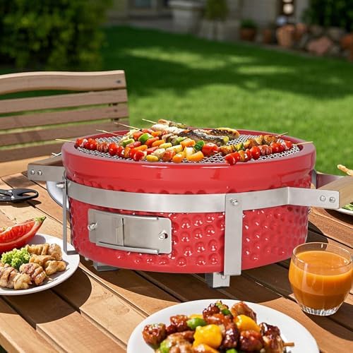 Yakitori Grill, Ceramic Charcoal Tabletop BBQ Grill, 14", Red - Image 6