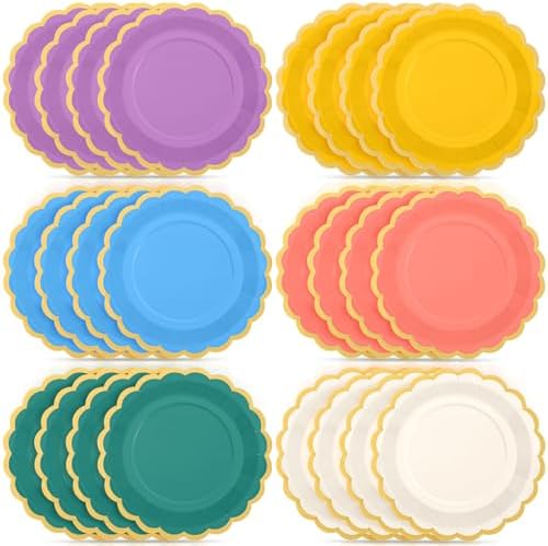 48 Pcs Boho Rainbow Paper Plates 9 Inch Scalloped by Tiangrid