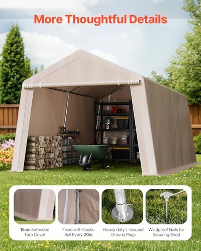 VEVOR 10 x 15 ft Outdoor Storage Shed Tent with Heavy-Duty Steel Frame, 2 Roll-Up Doors & Air Vents, Waterproof Portable Garage Carport Shelter for Motorcycle, Lawn Mower, Garden Tools, Beige - Image 6