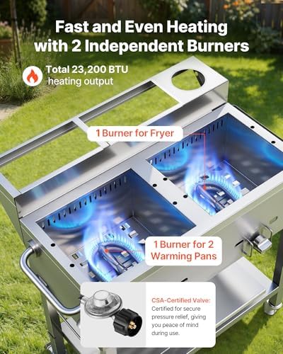 VEVOR Outdoor Propane Deep Fryer, 2 Burners (11,600 BTU Each), Commercial Fryer with Two 1/3 Size Food Warming Pans, Multi-Purpose Frying Cart with 4 Lockable Wheels, for Fried Chicken & Fries - Image 4