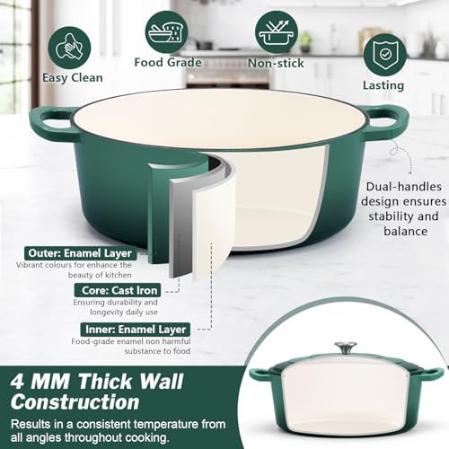 P&P CHEF Oval Dutch Oven with Lid, Enameled Cast Dutch Oven Pot for Bread Baking, Braising, Stewing, Roasting, Non-Stick & Oven Safe, Dual Handles & Easy Clean, 7QT & Dark Green, Valentine's Day - Image 5