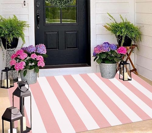 BUAGETUP Washable Outdoor Rug 3'x 5'Pink and White Striped Area Rug - Image 4