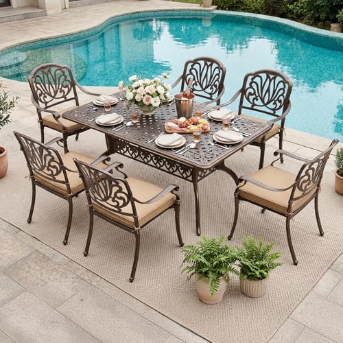VINGLI 7 Pieces Outdoor Dining Set, Cast Aluminium All-Weather Patio Dining Set for 6 with Umbrella Hole, Outdoor Dining Table and Chairs with Cushion for Yard, Garden, Porch and Poolside, Bronze - Image 2