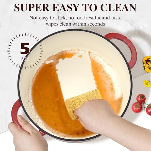 Enameled Cast Iron Dutch Oven - Umite Chef 5QT Pot with Lid & Cotton Potholders - Heavy-Duty Cookware for Bread Baking, Braising, Stews, Roasting(Red) - Image 3