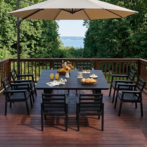 10-Piece Outdoor Dining Set, All-Weather HDPE Patio Furniture, Two 66.5" Slatted Table with 1.6" Umbrella Hole & 8 Ergonomic Armchairs, Heavy Duty 350lbs Capacity, UV Resistant, Black - Image 2