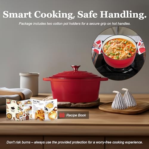Overmont Enameled Cast Iron Dutch Oven - 7QT Pot with Lid Cookbook & Cotton Potholders - Heavy-Duty Cookware for Braising, Stews, Roasting, Sourdough Baking red - Image 6