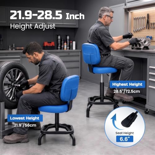 Shop Stool, Garage Stool with Backrest, Mechanic Chair for Workshop, Blue - Image 3