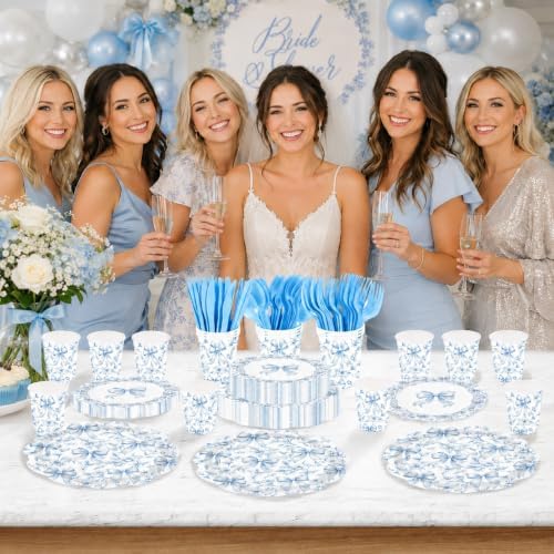 168 Pcs Blue Bow Floral Scalloped Party Decorations,Serves 24 - Image 4