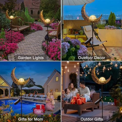2Pack Moon Garden Gifts Solar Lights Outdoor Stakes Waterproof, Gifts for Mom, Crackle Glass Backyard Decor Balcony Lawn Ornaments, for Women Men Grandma (Bronze) - Image 3