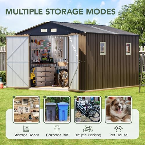 Upgrade 10x12 FT Outdoor Metal Storage Shed with Floor Frame, Double Swing Doors, 2 Clear Windows, Replaceable Skylight Roof Panel, Tool Shed for Garden, Patio, Backyard Brown - Image 6