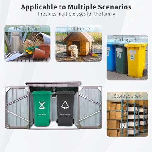 62.25 Inch Outdoor Trash Can Storage Shed for 2 Bins, Metal Garbage Bin Enclosure,Waterproof Stainless Galvanized Steel, Outdoor Waste Bin Storage Cabinet for Garden Yard,Light Gray - Image 6