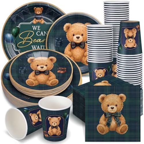 Suclain 150 Pcs Green Blue Tartan Plaid Disposable Plates and Napkins by Suclain