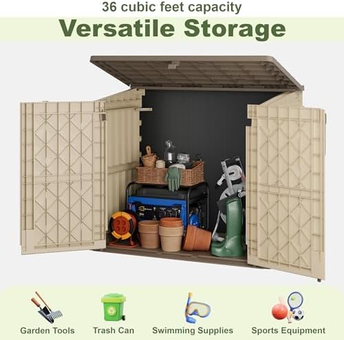 Plastic Outdoor Storage Shed, 36 Cu Ft Waterproof Outdoor Storage Cabinet with Dual Lock Door for Backyard, Patio, Garage, Garden to Store Tools & Accessories, Wood-Grain (Brown-Beige) - Image 4
