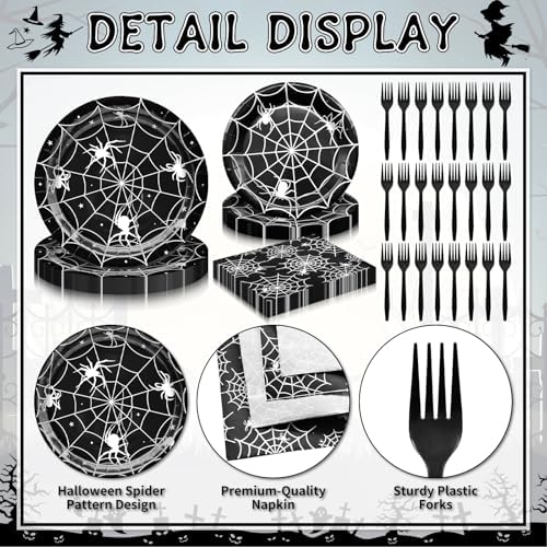 96 Pieces Halloween Spider Web Tableware Set Party Supplies – Disposable Plates, Napkins, and Forks, Black and White Spider Design for Halloween Haunted House Trick or Treat Event, Serves 24 Guests - Image 3