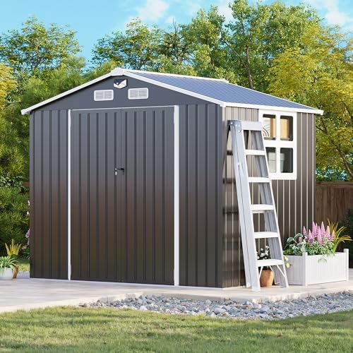 MXV 8 x 6FT Outdoor Storage Shed, Metal Garden Shed with Windows, Double Lockable Doors & Sloped Roof, Magnetic Solar Lamp, Waterproof Tool Sheds for Backyard Garden Patio Lawn, Black - Image 3