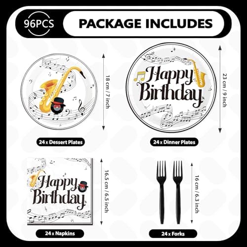 96Pcs Saxophone Happy Birthday Party Supplies Glitter Gold Saxophone Plates and Napkins Music Themed Tableware Set for Kids Music Lovers Band Themed Birthday Party Supplies, Serves 24 - Image 5