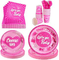 144 Pcs Let's Go Party Tableware Set for 24 Guests, Heavy-Duty 7" & 9" Paper Plates, Cups, 2-Ply 13" Napkins & Plastic Forks, Disposable Pink Party Supplies for Wedding Bridal Shower Party by COSINIA