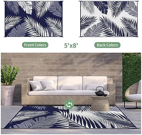 GENIMO Outdoor Rug, Waterproof Plastic Rugs for Patio, 5'x8' Blue White - Image 2