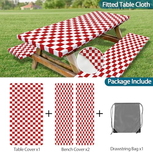 Picnic Table Cover with Bench Covers and Bag, Red and White Checkered Gingham Buffalo Plaid Camping Tablecloth Waterproof Windproof Elastic Edges Fitted Tablecloths for Outdoor Garden 3PCS 30x72 Inch - Image 7