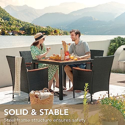 Devoko 5 PCS Acacia Wood Patio Dining Set, Black Rattan - Image 6