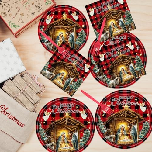 Christmas Nativity Party Decorations, 96PCS Happy Birthday Jesus Disposable Paper Plates and Napkins Decorations, Religious Buffalo Plaid Christmas Forks Supplies Serves 24 - Image 5