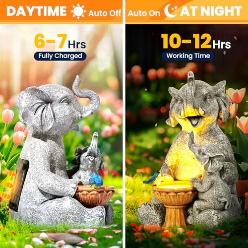 GIGALUMI Solar Garden Statues Bird Bath Elephant 9", Loving Elephant Decor, Yard Decorations Outdoor, Elephant Figurine Lights for Outside, Garden Decor Unique Housewarming Gifts for Women, Mom - Image 4