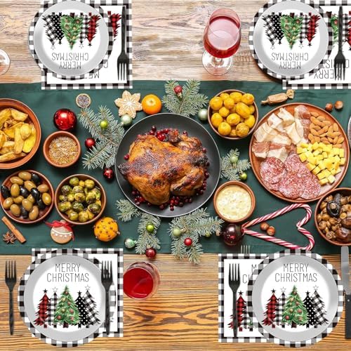 200Pcs Buffalo Plaid Christmas Tree Party Plates Napkins Christmas Black White Buffalo Plaid Theme Tableware Set for Xmas Holiday Decoration Dessert Plates Serve 50 Guests for Birthday Party Supplies - Image 6