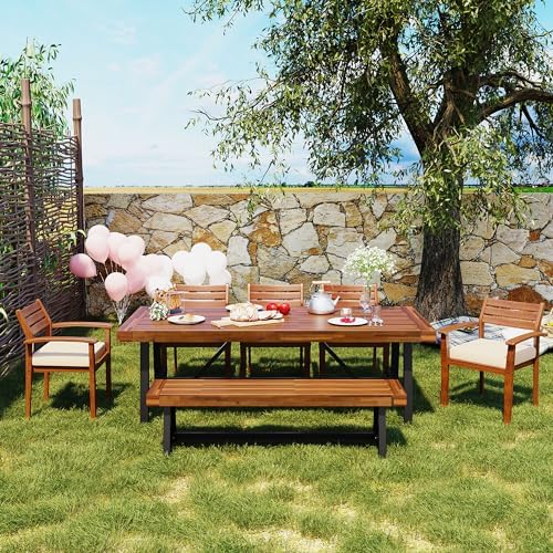 6-Pcs Outdoor Patio Dining Table & Chair & Bench Set for 6, Wooden Outdoor Dining Table Set with Removable Cushion, 6-Pcs, Wood - Image 3