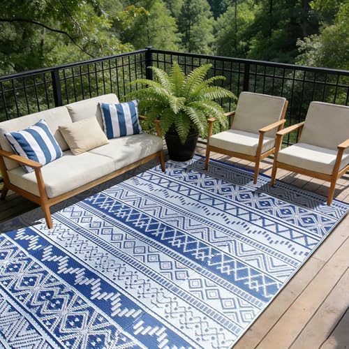 Outdoor Rug 5 x8 ft, Plastic Rug for Patio, Navy & White - Image 5