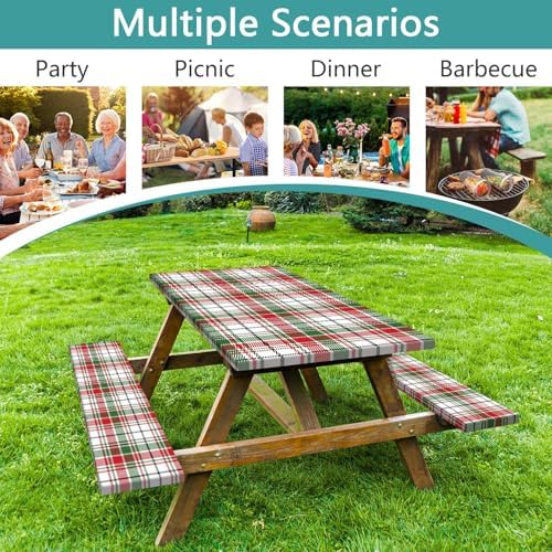 Red Green White Plaid Picnic Table Cover with Bench Covers and Bag, Camping Essentials, Water Resistant Windproof, Fitted Tablecloth Cover with Elastic Edge, for Indoor & Outdoor 3 PCS, 30x96 Inch - Image 3