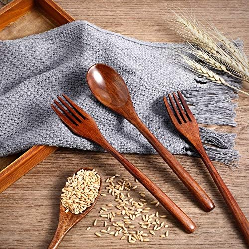 Patelai 10 Pieces Wooden Spoons Forks Set Wooden Utensils for Eating - Image 5