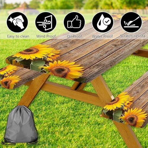 Sunflower Picnic Table Cover with Bench Covers, Waterproof Windproof, Camping Essentials, Fitted Tablecloth Cover with Elastic Edge, for Indoor & Outdoor, Garden, Camping, 3 Pieces Set, 30x96 Inch - Image 7
