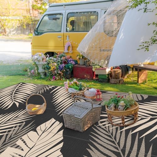 GENIMO Outdoor Rug, Waterproof Plastic Rugs 10'x14' for Camping Black Beige - Image 3