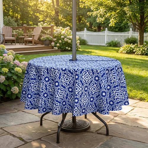 EHouseHome Outdoor and Indoor 60inch Round Tablecloth with Umbrella Hole and Zipper, Waterproof Zippered Patio Cloths, Spring/Summer Table Covers for Backyard Circular Table/BBQs/Picnic - Image 3