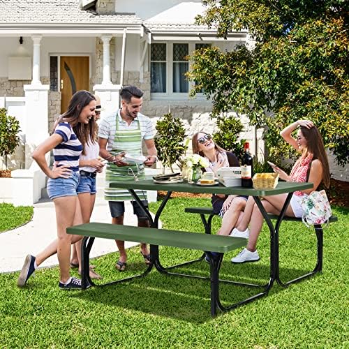 ORALNER Picnic Table, Resin Dining Table & 2 Benches Set, Weather Resistant Wood Grain Plastic Tabletop & Steel Frame, Picnic Tables for Outdoors, Porch Yard Patio Lawn Party Camping (Green) - Image 3