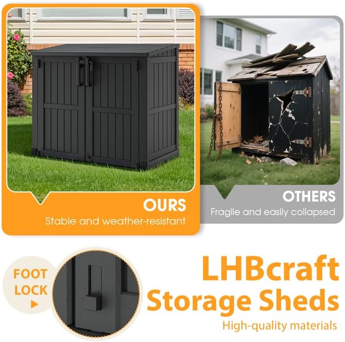 LHBcraft Outdoor Storage Cabinet 36 Cu Ft with Lockable Doors, Portable Horizontal Resin Storage Shed - Easy to Assemble, Waterproof Small Storage Shed with Floor Black - Image 4