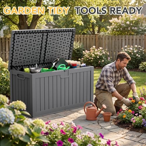 240 Gallon HDPE Deck Box Outdoor Indoor Waterproof Storage Box for Patio Furniture, Pool Accessories, Garden Tools, and Cushion Storage, Gray - Image 3