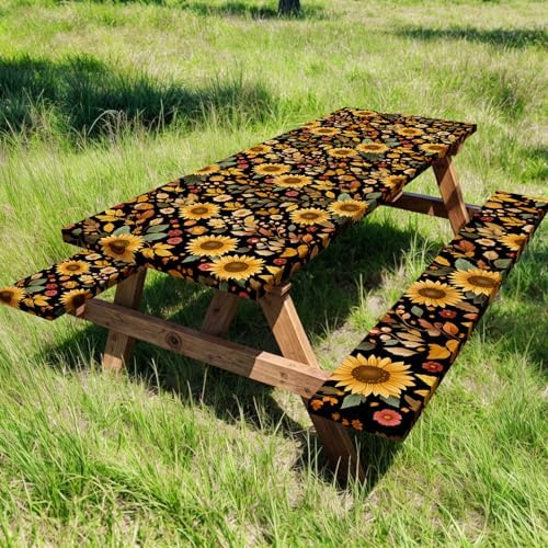 Picnic Table Cover with Bench Covers, Camping Essentials, Sunflower Flower Leaves Waterproof Windproof Patio Table Cover, Fitted Tablecloth Cover with Elastic Edge for Indoor Outdoor 3 PCS 30x60 Inch - Image 2