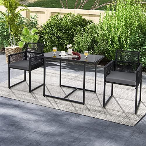 Tangkula 3 Pieces Outdoor Dining Set, Patio PE Rattan Furniture Set with Folding Backrest, Cozy Seat Cushions, Tempered Glass Tabletop, Space-Saving Rattan Chair Table Set for Backyard, Poolside - Image 2