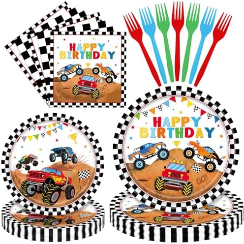 96 Pieces Monster Truck Birthday Tableware Set – Race Car Theme Disposable Plates, Napkins, and Forks for Kids Birthday Party or Racing Event, Serves 24 Guests by Herytem